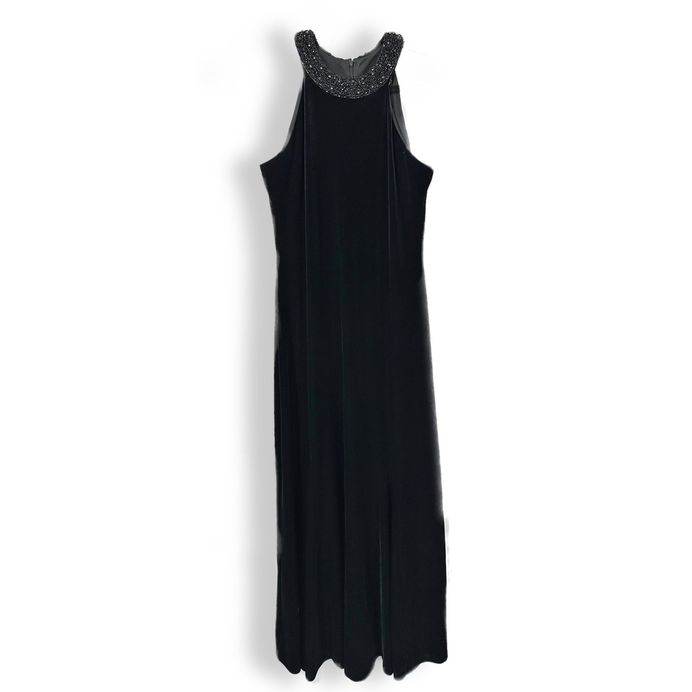 90s Alex Evenings Sleeveless Black Velvet Beaded Halter Gown Modern Size 10